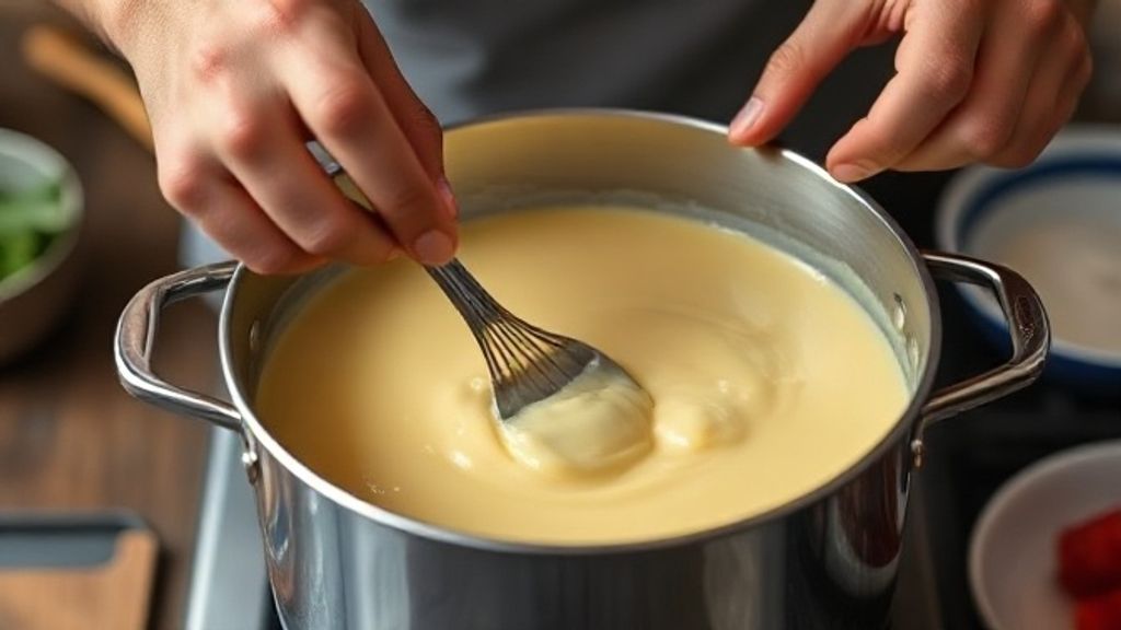 Mãos mexendo o creme do Doce Donzela durante o cozimento