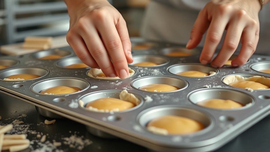 Mãos moldando a massa dentro das forminhas de empada durante o preparo