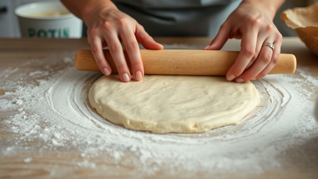 Mãos abrindo a massa do empadão com rolo de cozinha em superfície enfarinhada