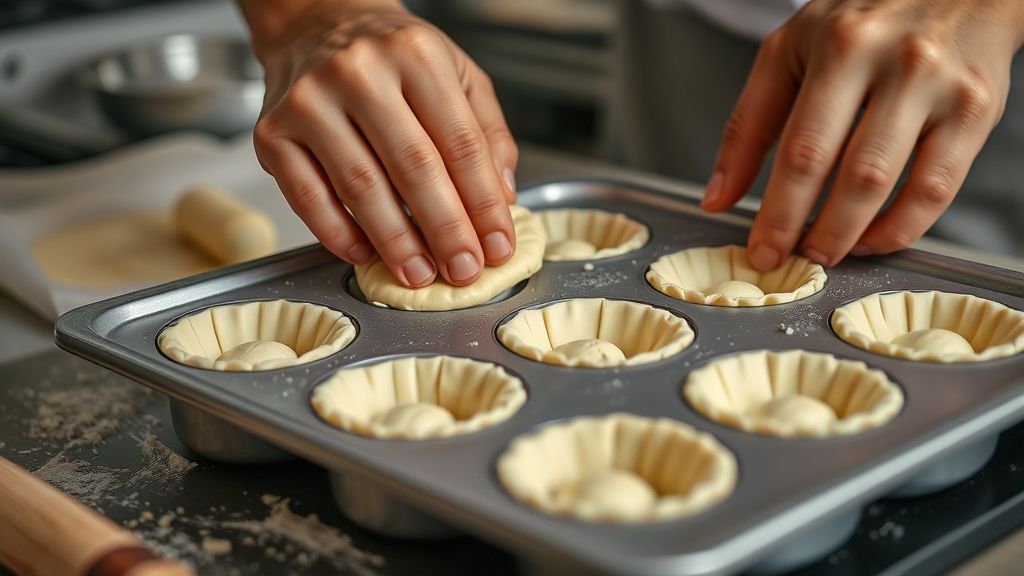 Mãos moldando a massa de empadinha em forminhas antes de adicionar o recheio