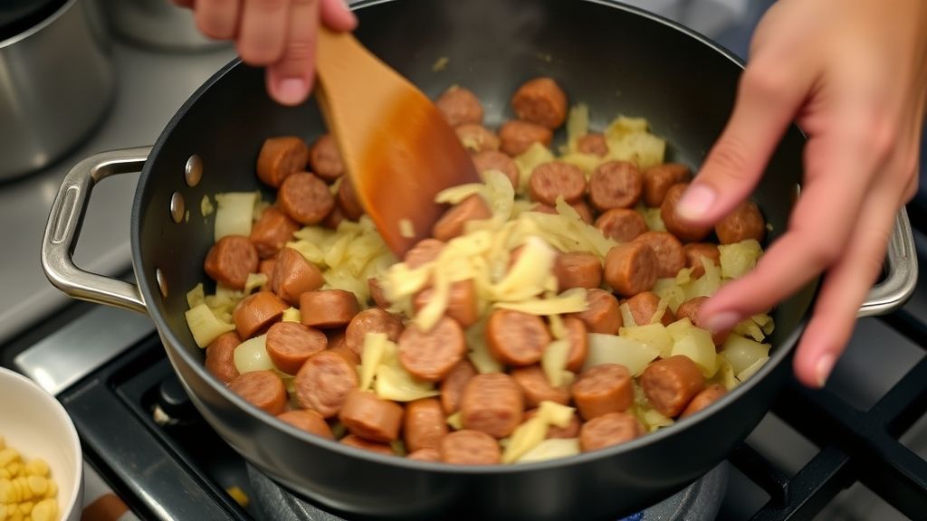 Mãos refogando paio e cebola na frigideira antes de misturar a farinha de milho.