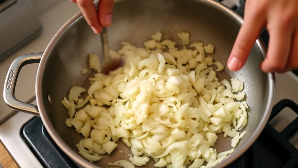 Mãos refogando alho e cebola antes de adicionar ao feijão cozido