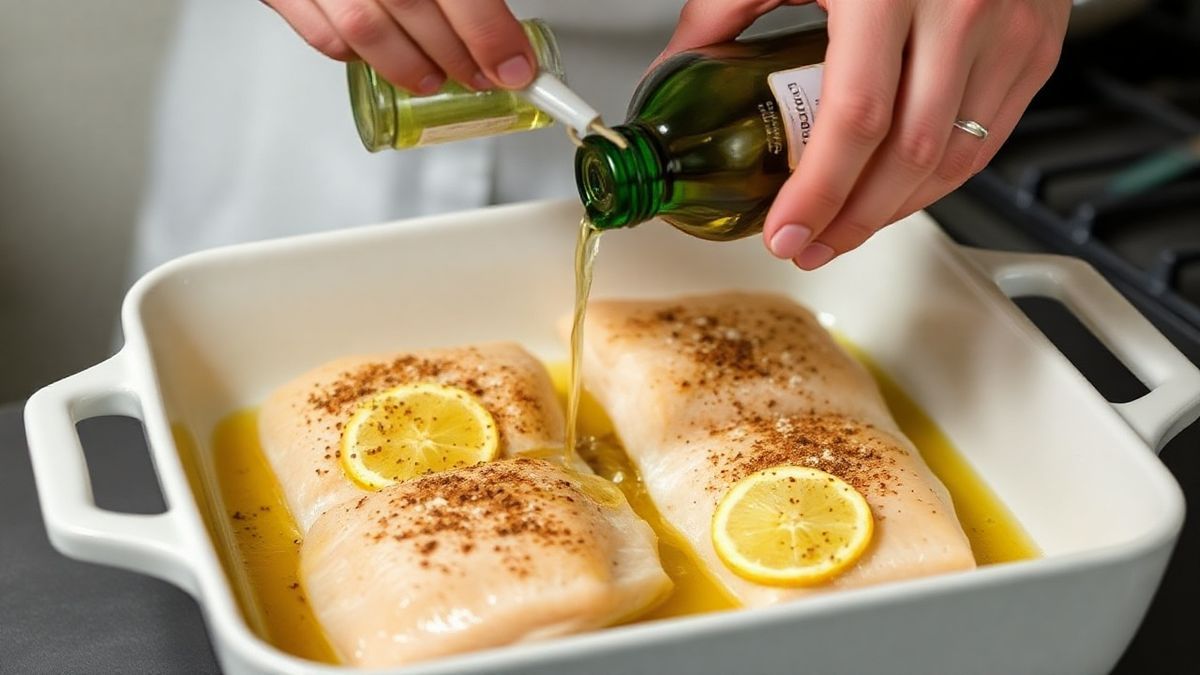 Mains assaisonnant et arrosant les filets de daurade avec du vin blanc dans un plat avant la cuisson