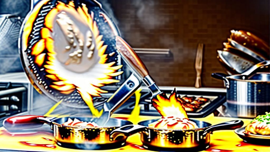 Mãos dourando os filés de frango em uma frigideira no processo de preparo