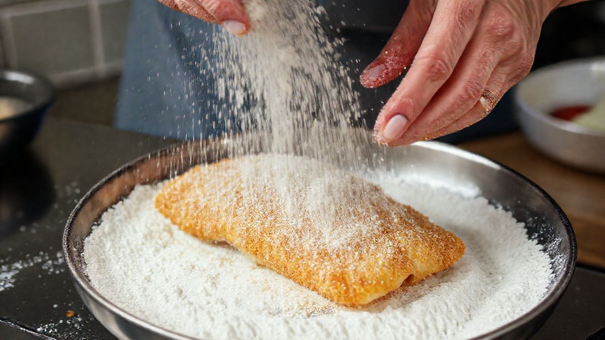 Mãos passando o filé de linguado na farinha antes de fritar, mostrando a etapa de empanar.