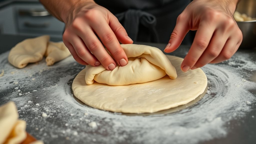 Mãos recheando e fechando a massa de fogazza antes de fritar