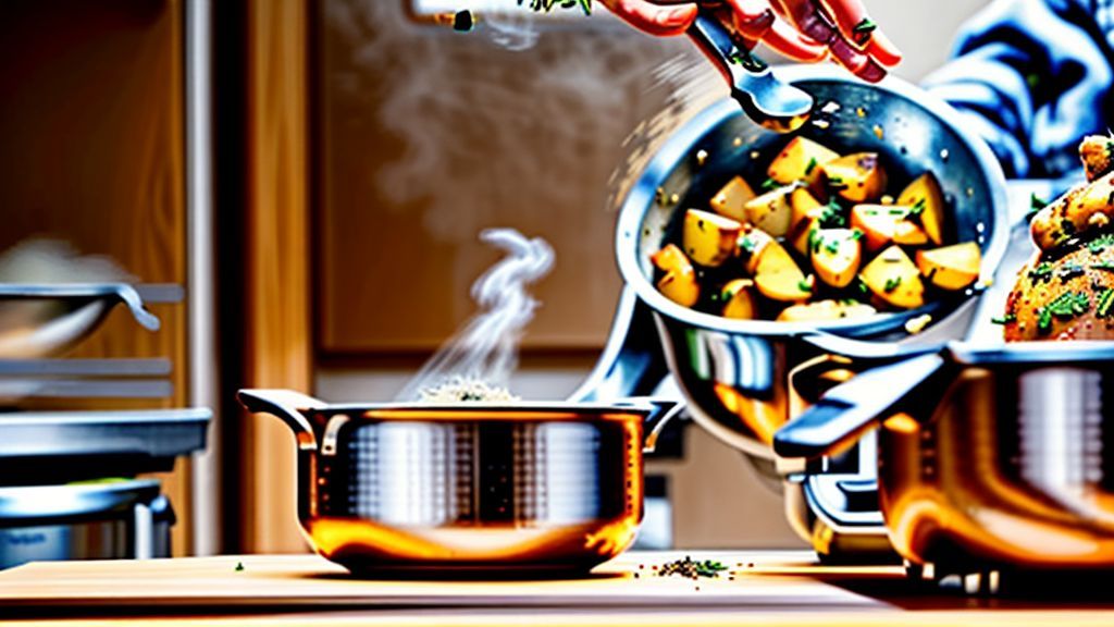 Mãos temperando os pedaços de frango em uma tigela com temperos frescos.