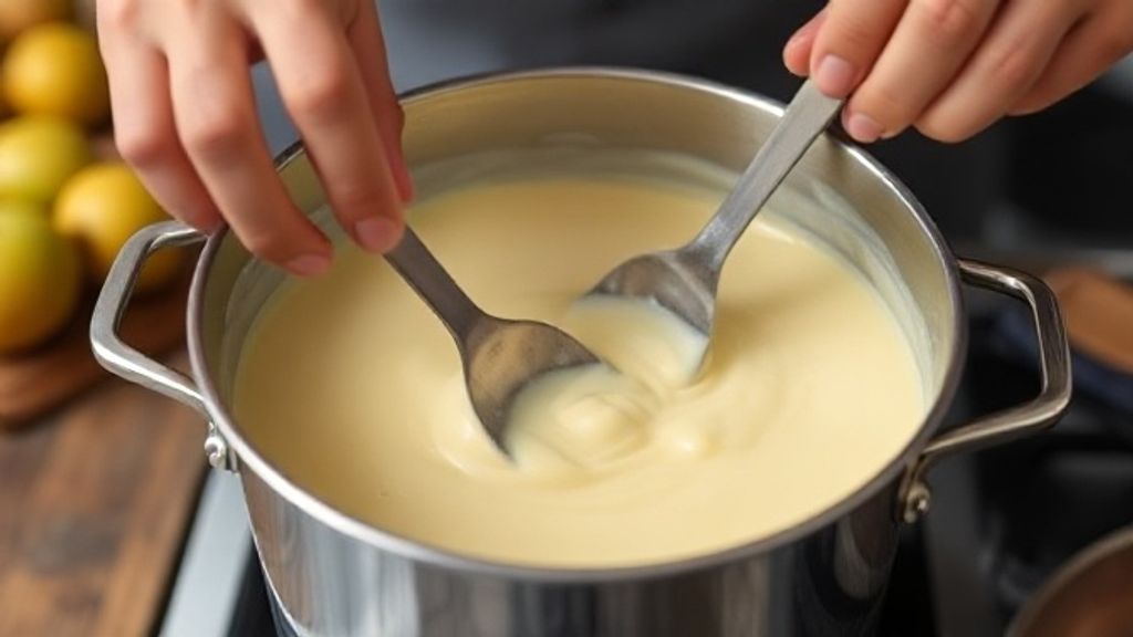 Mãos misturando o creme em panela com colher de pau, em etapa fundamental do preparo.