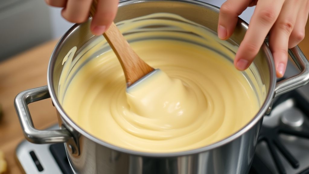 Mãos mexendo o creme em panela no fogão, mostrando a etapa de engrossar o preparo.
