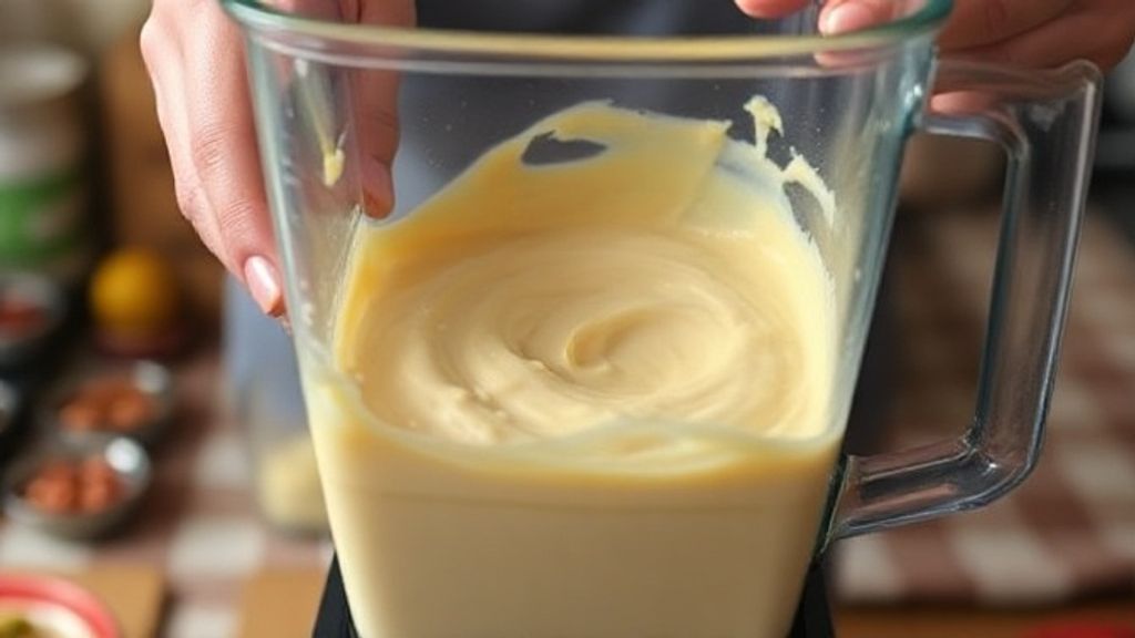 Mãos preparando a mistura cremosa de maracujá em liquidificador.