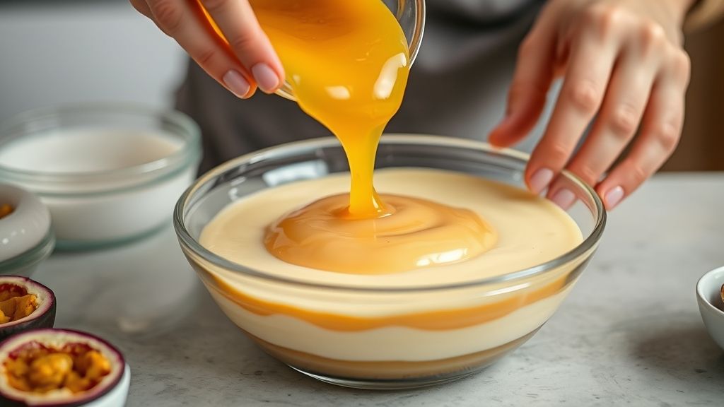 Mãos despejando a camada cremosa sobre o creme branco em refratário durante o preparo da receita