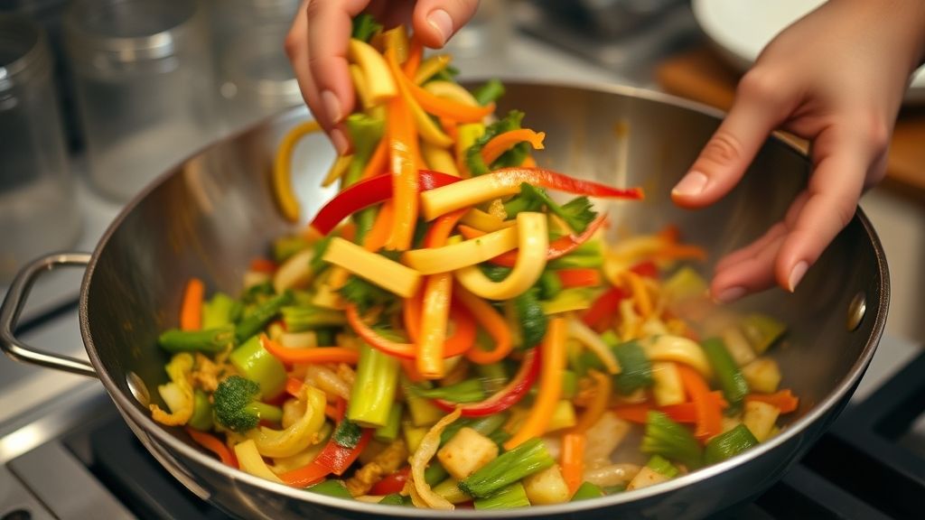 Mãos mexendo legumes coloridos em uma frigideira quente durante o processo de saltear