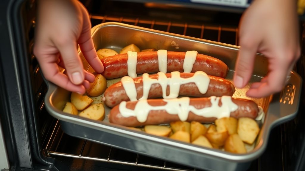 Mãos virando as linguiças na assadeira durante o processo de cozimento no forno