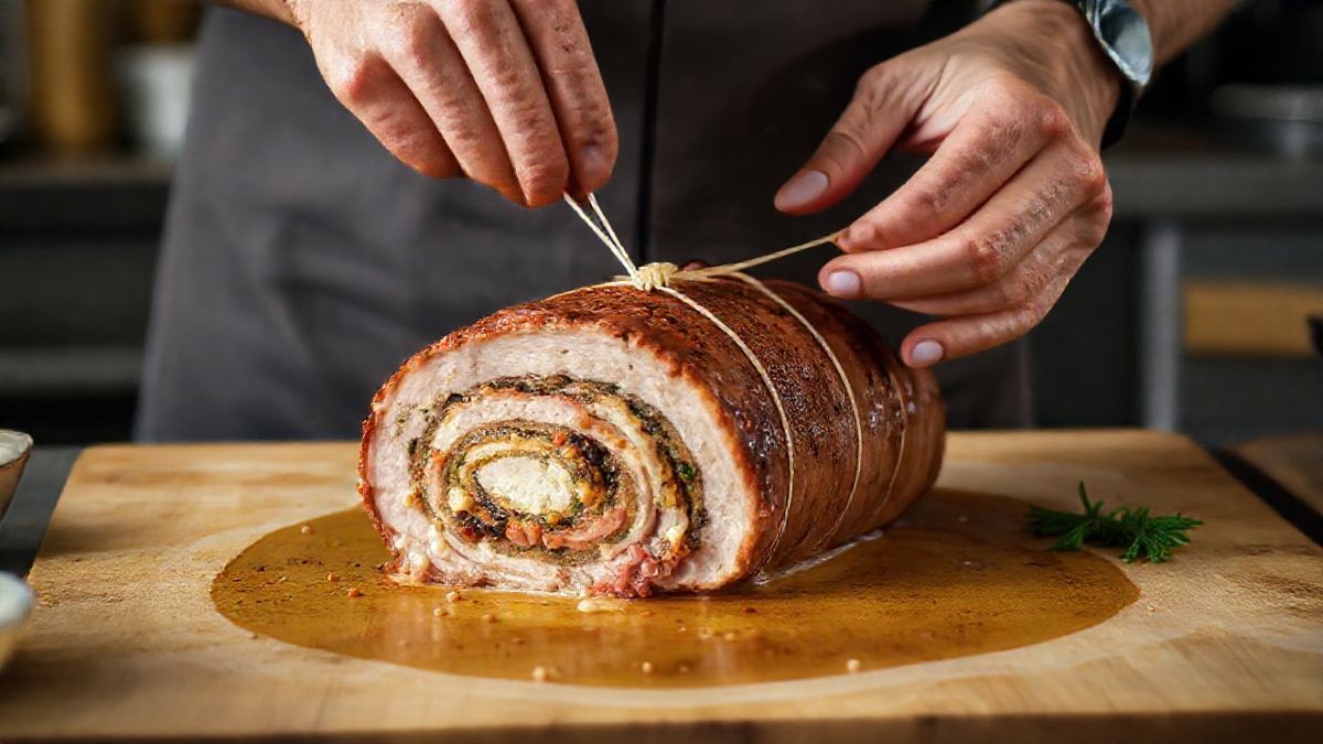 Mains en train d'enrouler la longe avec la garniture, attachant avec une ficelle de cuisine avant d'aller au four