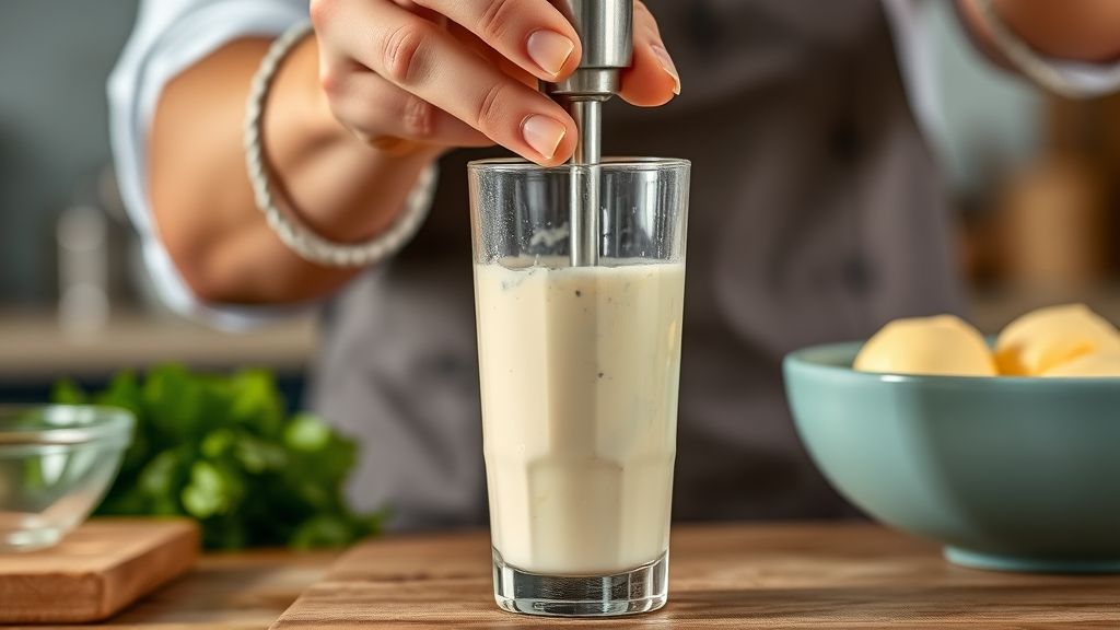 Mãos utilizando um mixer de mão para preparar a maionese em copo alto de vidro.