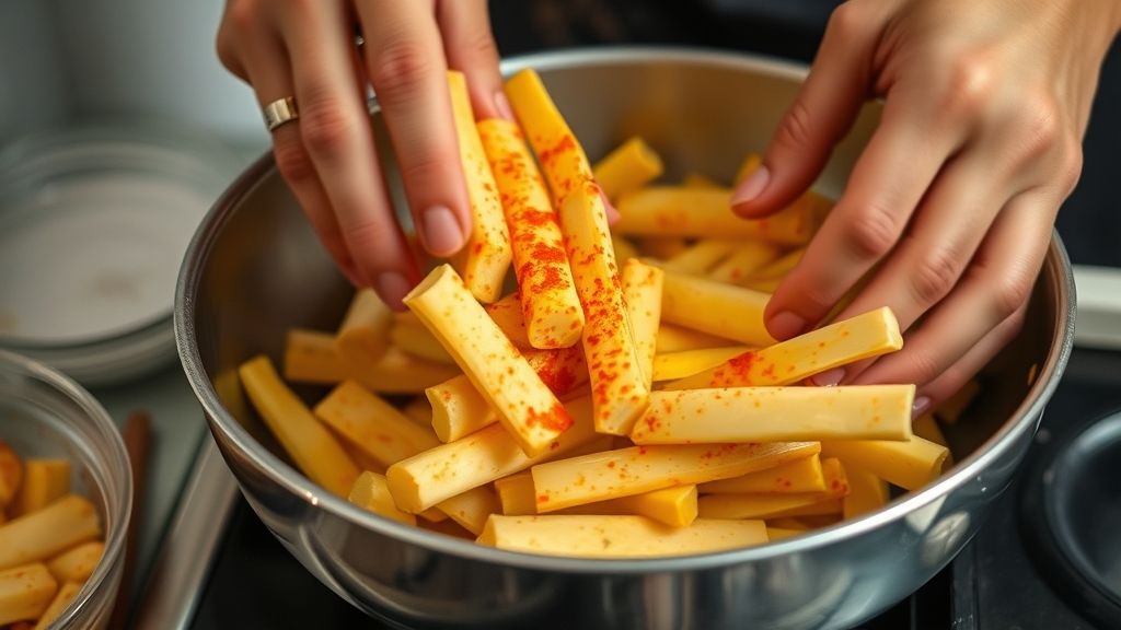 Mãos temperando pedaços de mandioca cozida em uma tigela com azeite e páprica antes de levar ao forno