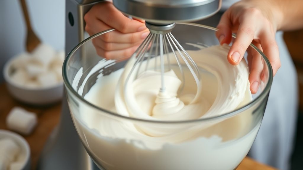 Mãos batendo a mistura da maria-mole em batedeira até ganhar textura aerada.