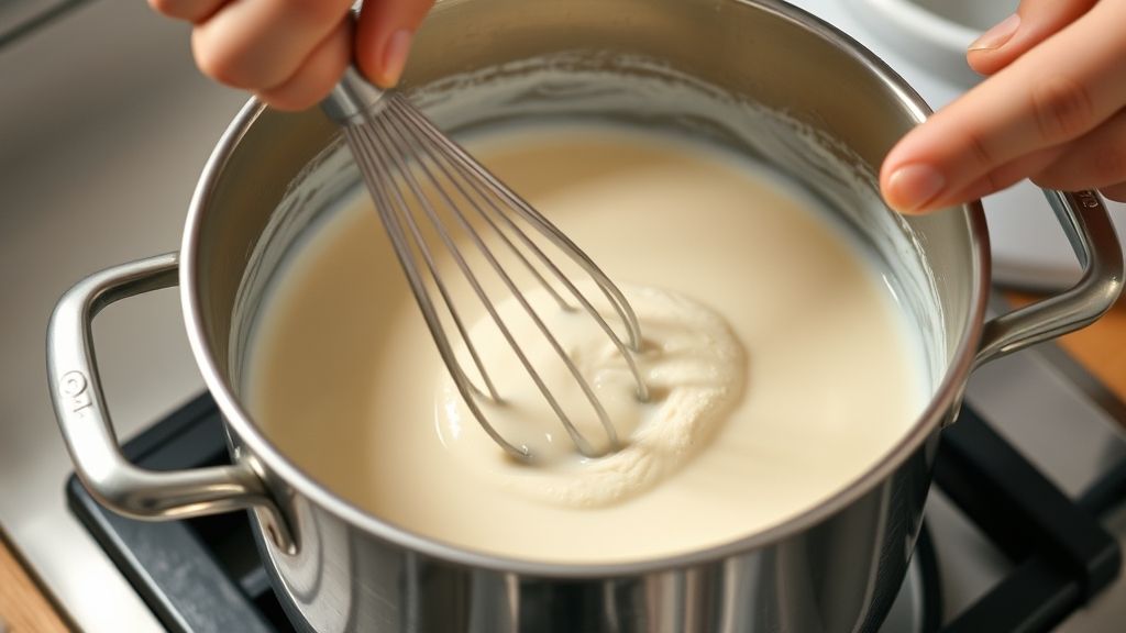 Mãos mexendo com um fouet a mistura de leite no roux na panela.