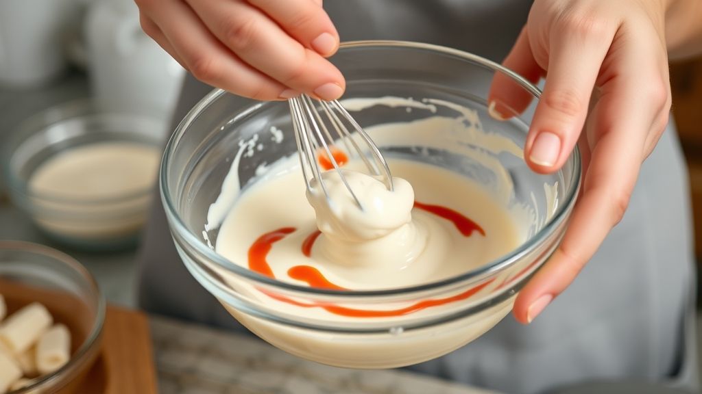 Mãos misturando maionese e ketchup em tigela para preparar o molho rosé.