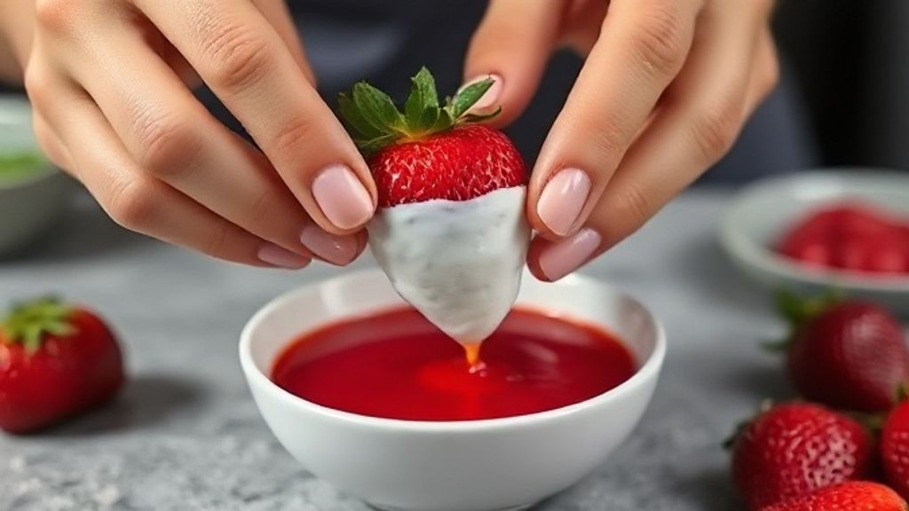 Mãos encapando um morango com brigadeiro antes de mergulhar na calda