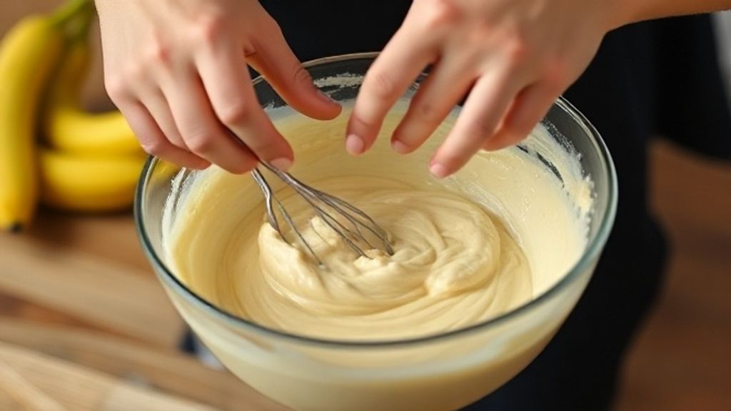 Mãos misturando a massa de muffins em uma tigela, destacando a textura cremosa.