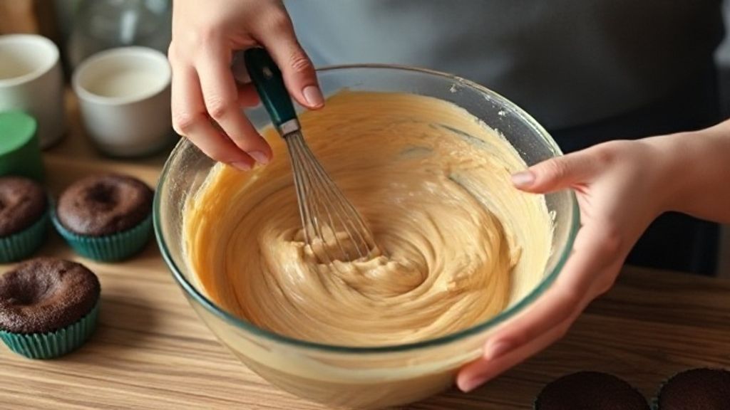 Mãos misturando os secos e líquidos em tigela durante o preparo da massa do muffin