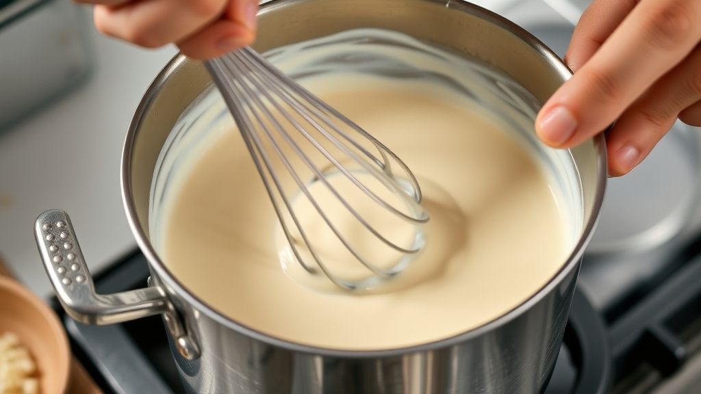 Mãos mexendo a mistura cremosa em uma panela durante o preparo do Ninho Quente Cremoso