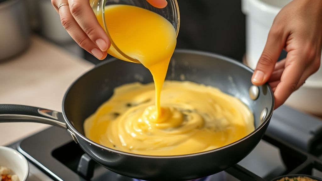 Mãos despejando a mistura de ovos batidos em frigideira antiaderente durante o preparo.
