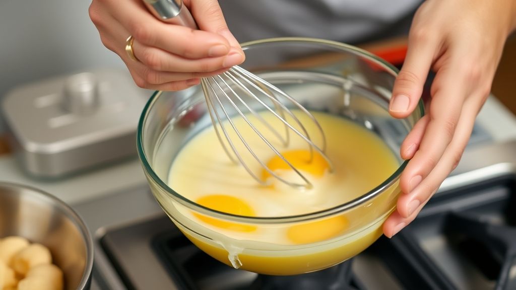 Mãos batendo ovos em tigela como parte crucial do preparo da omelete