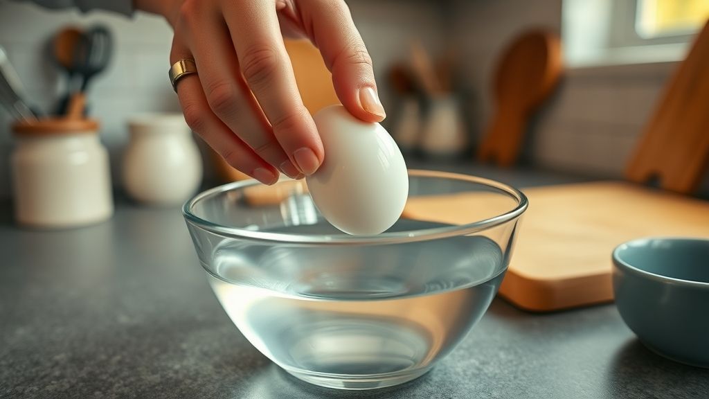 Mãos adicionando ovo cru em recipiente de vidro com água para levar ao micro-ondas
