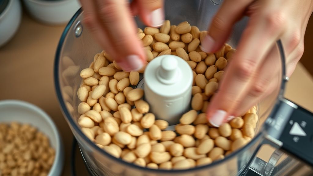 Mãos triturando amendoim em processador de alimentos durante a preparação da receita