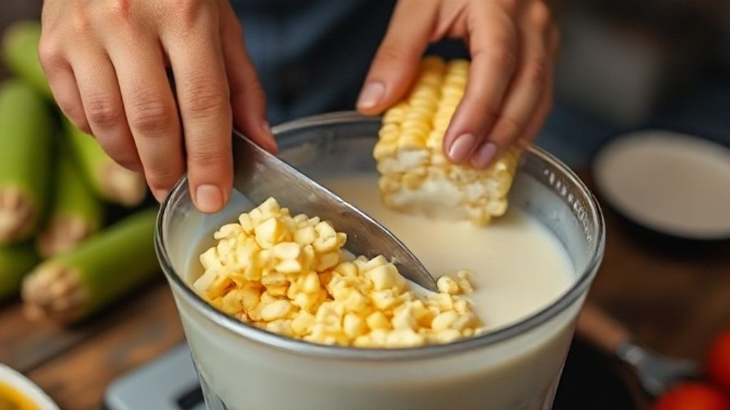 Mãos raspando os grãos de milho da espiga e colocando no liquidificador para a massa da pamonha