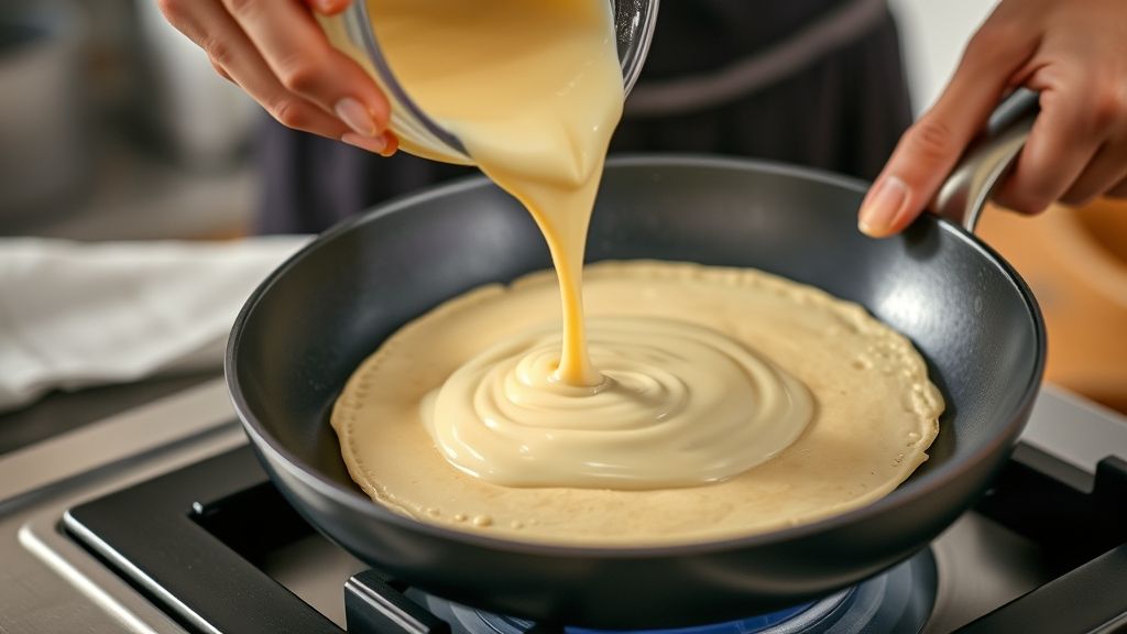 Mãos despejando a massa de panqueca fina em frigideira antiaderente