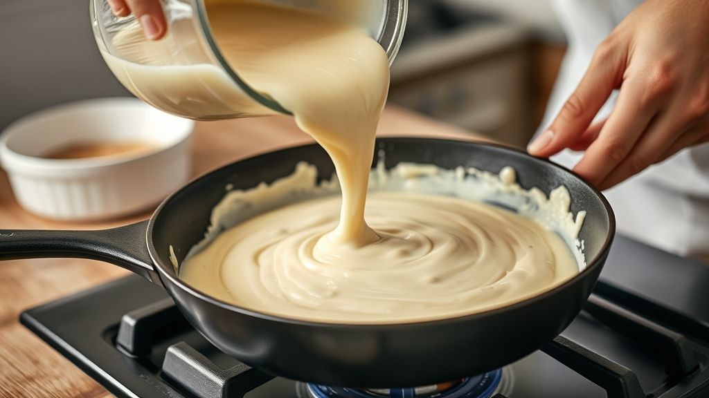 Mãos despejando a massa na frigideira antiaderente aquecida