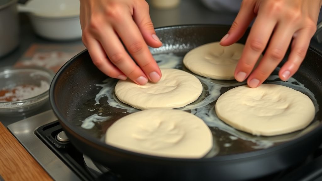 Mãos modelando a massa do pão antes de levar à frigideira