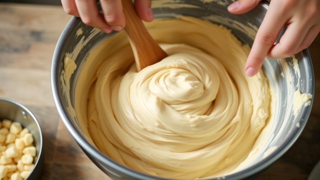 Mãos misturando a massa cremosa em uma tigela, passo intermediário da receita