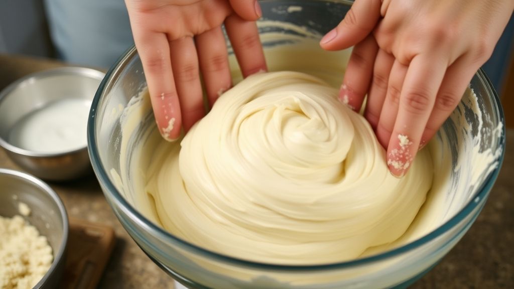 Mãos misturando a massa do pão de maisena em uma tigela durante o preparo