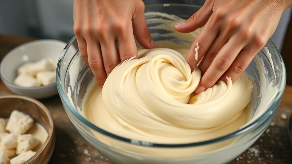 Mãos misturando o polvilho escaldado com a mistura de leite e óleo em tigela grande