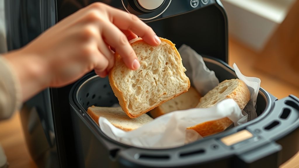 Mãos posicionando pães congelados no cesto da airfryer