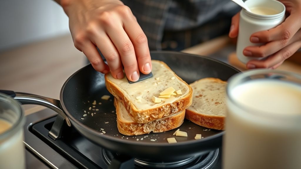 Mãos dourando o pão na frigideira e preparando o café com leite ao fundo