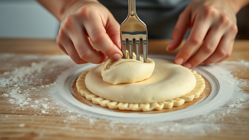 Mãos abrindo e recheando os discos de massa de pastel antes de fechar e assar