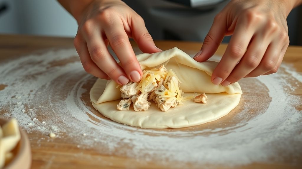 Mãos abrindo e recheando a massa de mandioca com frango cremoso antes de fechar o pastel