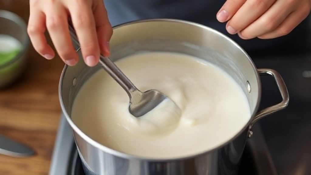 Mãos mexendo o creme branco em panela durante preparo do pavê