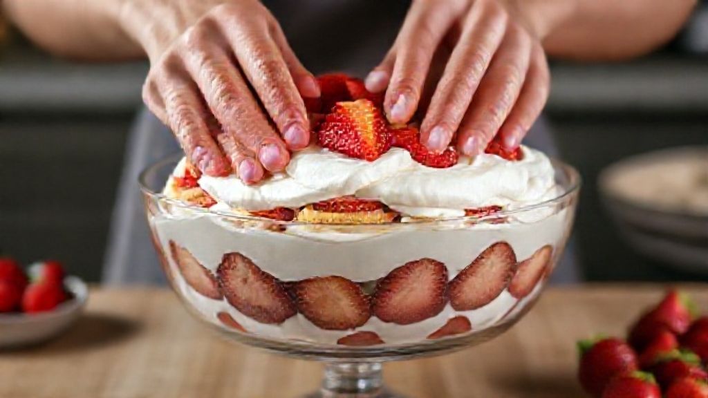 Mãos montando camadas do pavê: creme branco, biscoitos umedecidos e morangos frescos em travessa de vidro