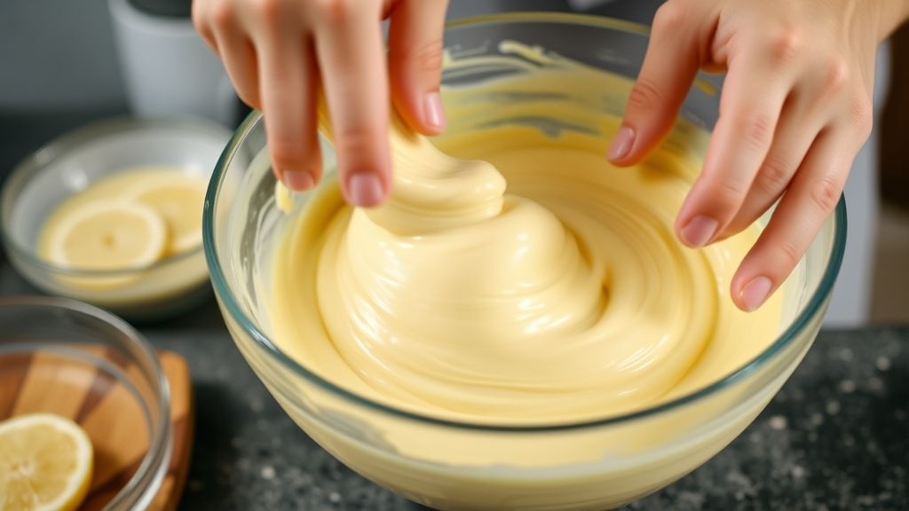 Mãos misturando creme de limão em uma tigela durante o preparo da sobremesa