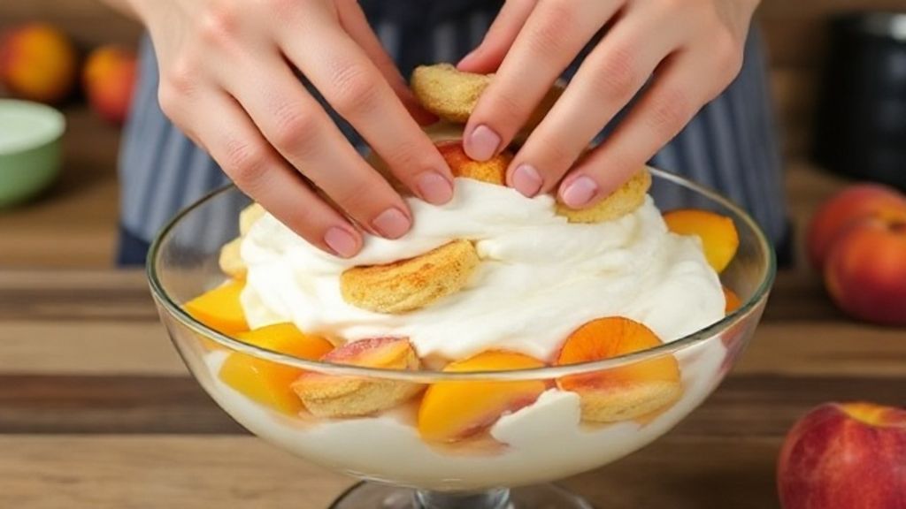 Mãos montando as camadas de creme, bolacha e pêssego em refratário