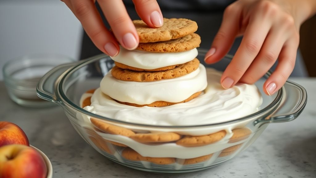 Mãos montando as camadas do pavê de pêssego em refratário de vidro