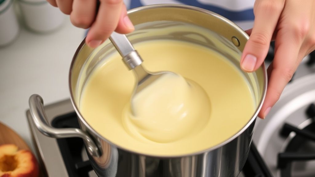 Mãos preparando o creme do pavê em panela, passo essencial da receita