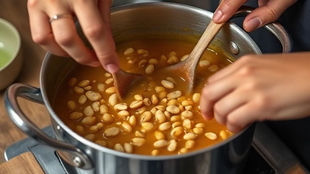 Mãos mexendo caramelo dourado com amendoim na panela de ferro.
