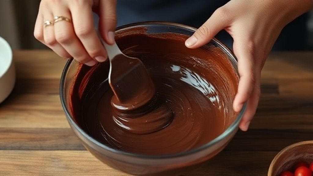 Mãos misturando chocolate derretido na tigela durante o preparo do petit gateau